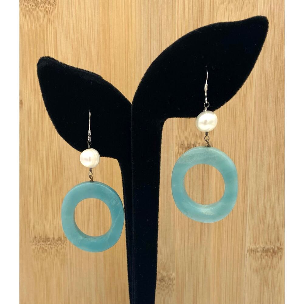 Sterling Silver Aquamarine Oval Drop Earrings Freshwater Pearl Modernist
